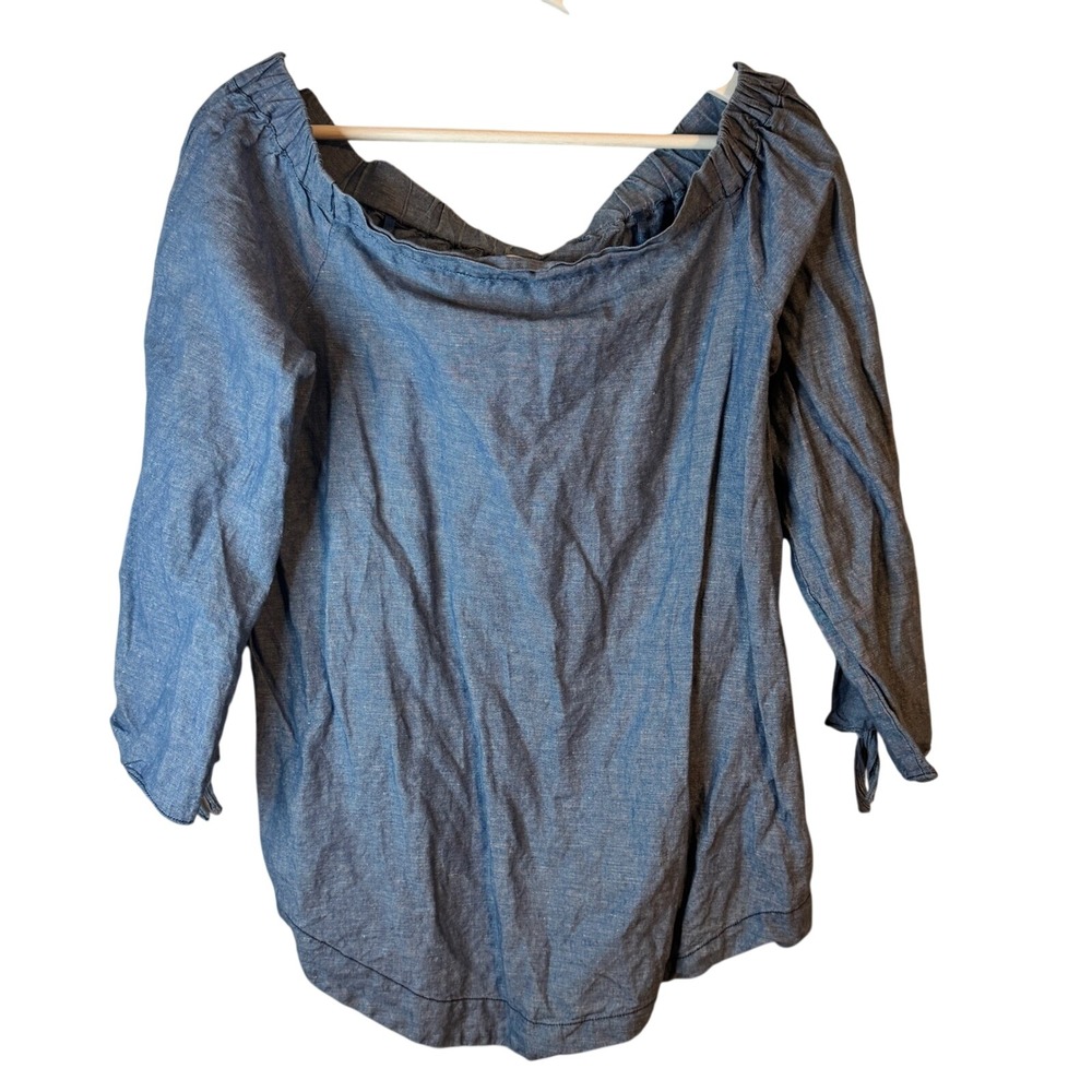 Free People Blouse‎ Off The Shoulder Small Blue Womens Linen Chambray Boho Top